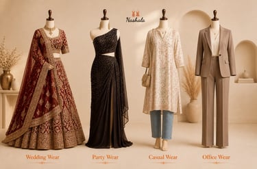 Collection of women's ethnic wedding lehenga, party wear saree, casual kurta, and office suit on mannequins.