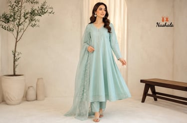 Elegant light blue embroidered cotton lawn suit for women featuring a long frock and matching dupatta.