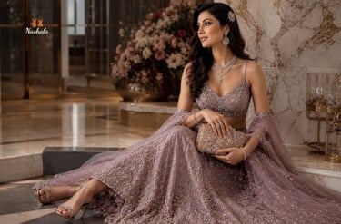 Woman in an elegant mauve sequin lehenga with diamond jewelry and a gold clutch bag.