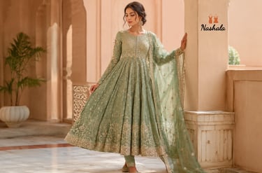 Elegant sage green embroidered Anarkali suit with heavy gold zari work and matching dupatta for wedding wear.