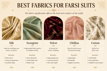 Infographic showcasing best fabrics for Farsi suits including Silk, Georgette, Velvet, Chiffon, and Cotton with benefits.