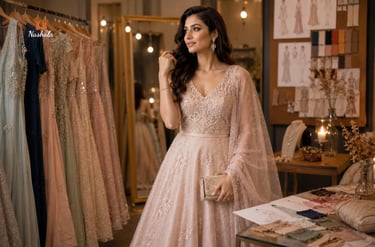 Elegant woman in a peach embroidered designer lehenga at a luxury bridal boutique.