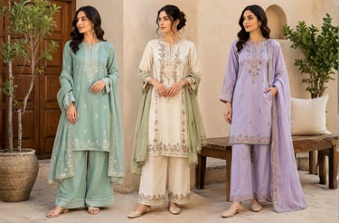 Three women modeling elegant embroidered lawn suits in mint green, cream, and lavender shades.