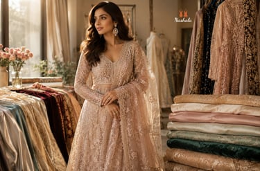 A woman in an embroidered peach bridal lehenga in a luxury boutique with silk fabrics.