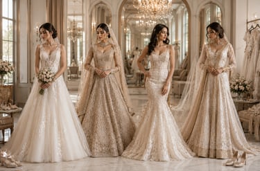 Four women modeling elegant champagne and gold bridal gowns in a luxury wedding boutique.