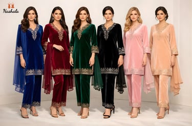 Six women modeling velvet salwar kameez suits with gold embroidery in various colors.