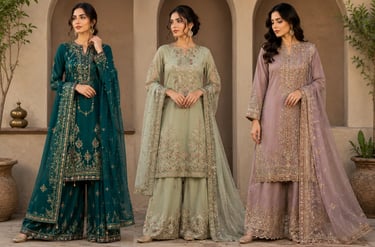 Three women modeling elegant embroidered Pakistani salwar kameez suits in teal, mint green, and mauve silk.