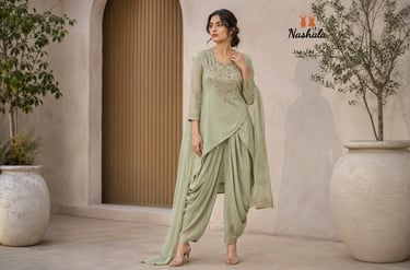 Woman wearing a pastel green embroidered dhoti salwar suit with a matching dupatta and high heels.