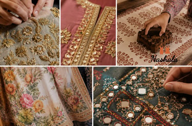 Collage of traditional Indian textiles featuring intricate gold embroidery, mirror work, and floral block printing.