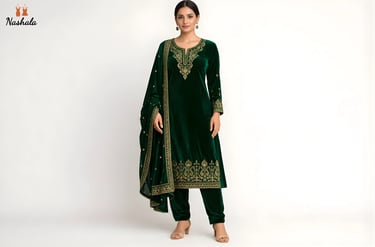 Woman wearing an emerald green velvet salwar kameez with gold embroidery and matching dupatta.