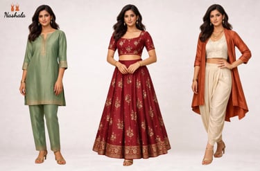 Women modeling traditional Indian ethnic wear including a green silk kurta, maroon lehenga choli, and fusion dhoti pants.