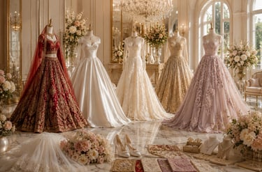 Elegant bridal boutique display with luxury wedding gowns, a red lehenga, and designer jewelry.