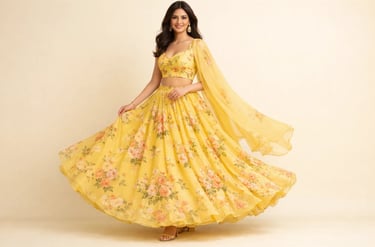 yellow floral lehenga choli with a matching dupatta for ethnic fashion.