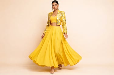 Woman wearing a yellow designer lehenga 