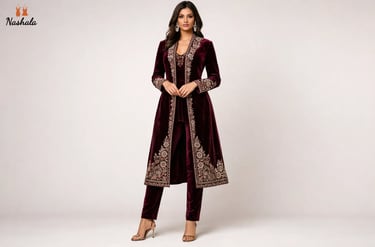 Elegant woman wearing a maroon velvet Indian ethnic suit with gold embroidery and a long jacket.