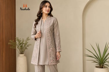 A woman wearing a taupe embroidered tunic and jacket set by Nashala, posing in a modern minimalist room.