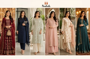Collage of women wearing elegant Nashala ethnic wear, including embroidered anarkalis and floral salwar kameez suits.