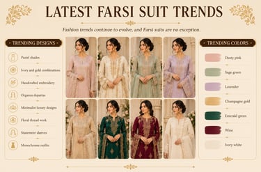 Infographic showing latest Farsi suit trends with embroidered organza outfits in pastel and jewel tones.