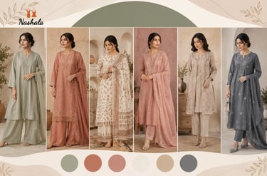 Collection of Nashala designer ethnic wear including embroidered salwar kameez and stylish pant suits for women.
