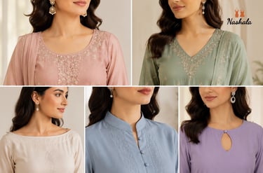 Collage of women wearing embroidered salwar kameez suits in pastel pink, green, beige, blue, and purple.