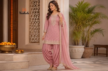 Woman wearing a dusty pink Punjabi salwar kameez suit with gold embroidery and matching dupatta.