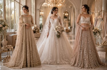 A bride in a lace wedding gown poses with bridesmaids in designer gold and pink Indian lehengas.