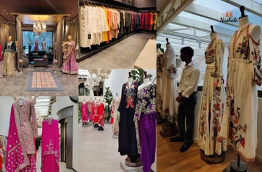Luxury Indian boutique featuring designer bridal lehengas, embroidered sherwanis, and traditional ethnic wear.