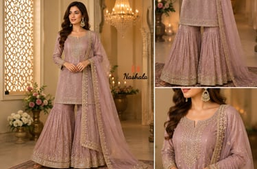 Woman wearing a dusty rose Pakistani sharara suit with gold embroidery and a matching net dupatta.