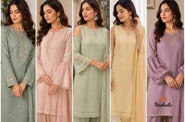 Elegant women wearing embroidered pastel salwar kameez suits in green, pink, cream, and purple.