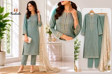 Elegant sage green embroidered kurta with trousers and a floral dupatta for women's ethnic wear.