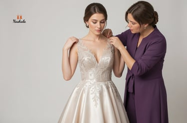 A bride in an elegant lace wedding dress receives assistance from a stylist during a bridal fitting.