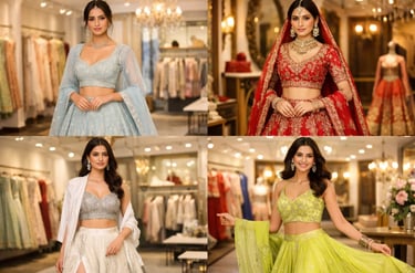 A collage showing a woman modeling elegant Indian bridal lehengas in blue, red, silver, and lime green.