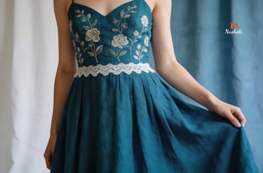 Elegant teal linen dress featuring floral embroidery and a white lace waist detail.