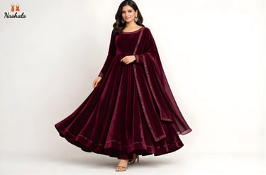 Elegant woman wearing a maroon velvet Anarkali suit with a matching dupatta for festive ethnic wear.