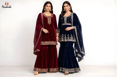 Models wearing maroon and navy blue velvet sharara suits with gold embroidery and matching dupattas.