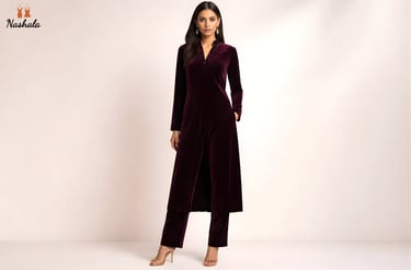 Elegant woman wearing a Nashala plum purple velvet long tunic and matching pants suit.