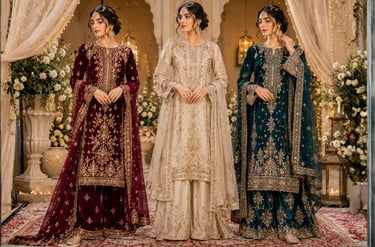 Three women posing in elegant embroidered velvet and silk Pakistani designer suits with heavy dupatta for wedding wear.