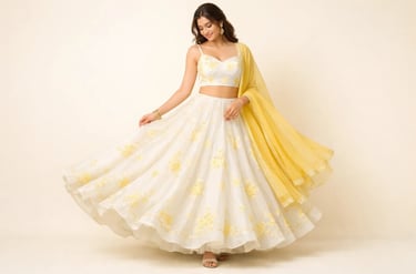 floral white and yellow lehenga choli with a matching dupatta.