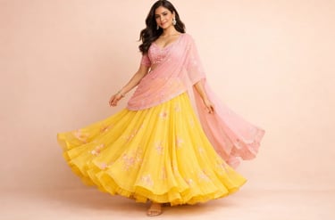 yellow embroidered lehenga choli with a soft pink dupatta