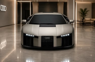 Audi Nuvolari de 986 cv visto de frente em showroom premium com visual futurista