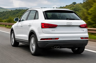 Audi Q3 branco visto de traseira em rodovia com lanternas em LED e visual premium