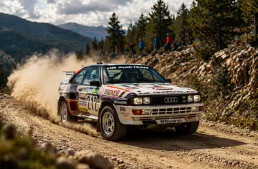 carros de rally Audi Quattro em ação no WRC em estrada de terra com poeira e cenário montanhoso