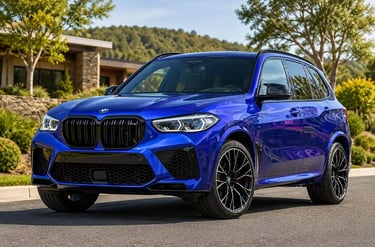 BMW X5 azul estacionada em estrada com fundo natural e área residencial