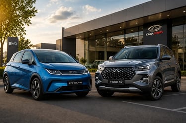 BYD Dolphin e Caoa Chery Tiggo 5X lado a lado em showroom externo moderno.