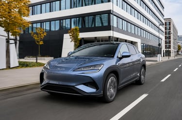SUV elétrico da BYD circulando com tecnologia de direção autônoma em área urbana