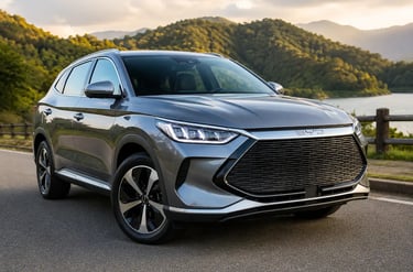 SUV híbrido BYD cinza estacionado em estrada com paisagem natural