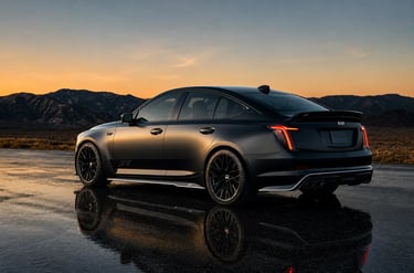 Cadillac CT5-V Blackwing F1 V8 de 685 cv visto de traseira em estrada ao pôr do sol