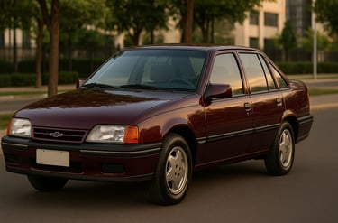 Chevrolet Monza 1995 vinho estacionado em rua urbana ao entardecer, com fundo de prédios e árvores.