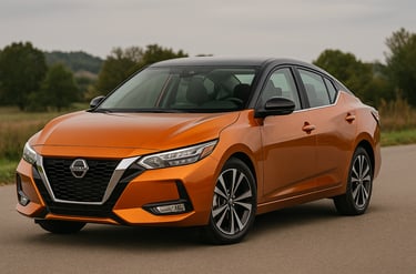 Nissan Sentra 2023 laranja visto em ângulo 3/4 frontal, estacionado em ambiente aberto.
