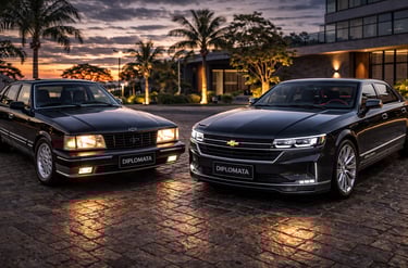 Comparação entre Chevrolet Opala Diplomata 1990 clássico e Opala Diplomata 2026 conceito